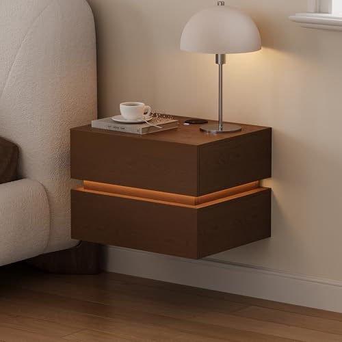 Homary Table de Chevet Suspendue avec LED, Table de Nuit Murale Intelligente en Bois avec 2 Tiroirs, Chargeur sans Fil et Lumière Réglable, Lumio Design Moderne Noyer