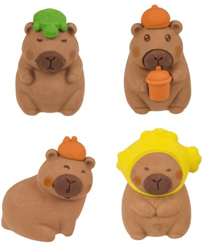 Palleon 4er Set Capybara Radiergummi – Kawaii Mitbringsel für Kinder | 4 verschiedene Designs, je ca. 3,5 x 2 cm – ideal für Schultüte, Kindergeburtstag & Adventskalender