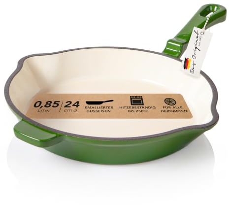 Romertopf Gusseisenpfanne emailliert 24 cm, Bratpfanne Induktion, Tiefgrün | Ø 24 cm, 0,85 l Nutzvolumen, 2,3 kg, backofenfest bis 250 °C, PFAS- und PTFE-frei, kein Einbrennen nötig