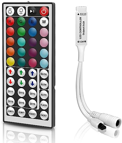 VIPMOON 44 Keys IR LED Light Remote Controller, DC 5V-24V Wireless RGB Remote Controller with 4-Pin Receiver, Compatible with 5050 3528 2835 RGB LED Strip Lights