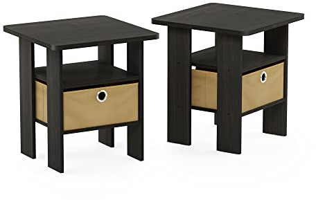 Furinno Andrey Side Table, Nightstand with Bin Drawer, Espresso/Brown, Set of 2