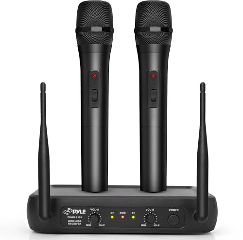 Pyle Channel Microphone System-VHF Fixed Dual Frequency Wireless Set with 2 Handheld Dynamic Transmitter Mics, Receiver Base-for PA, Karaoke, Dj Party (PDWM2135), Black