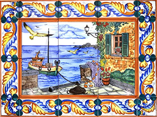 ART ESCUDELLERS Wandbild, Keramik, handbemalt, Marina/Boot/Strand mit Rand 60 x 45 cm