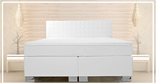 Boxspringbett Rom II 180x200 cm Kunstleder Weiß mit gestepptem Kopfteil Härtegrad H2 H3 Boxspringbett Weiss Tonnentaschenfederkern Topper(180 x 200 cm)