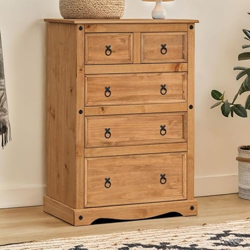 Corona Furniture Chest of Drawers Large Solid Wood Pine 2+3 Wooden High Tall Bedroom Storage Unit Mexican Style 129cm High. 92cm Wide. 48cm Deep