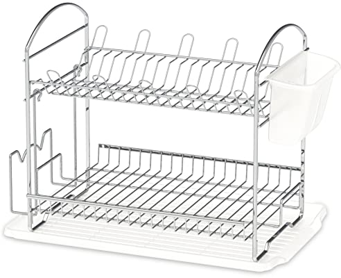 Simple Houseware Estante para Platos de Metal de 2 Niveles con escurridor, Cromado para Cocina