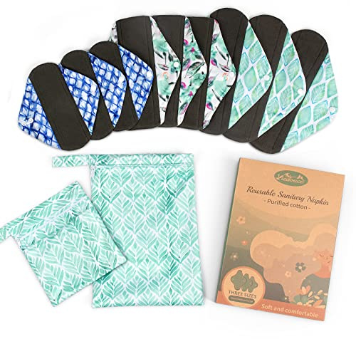 Viedouce Waschbare Slipeinlagen,9er-Pack Damenbinden Waschbar,Super Saugfähiges Bambus-Hygienetuch,Slipeinlagen Waschbar mit 2 Tragbaren Wasserdichten Mini-Tasche