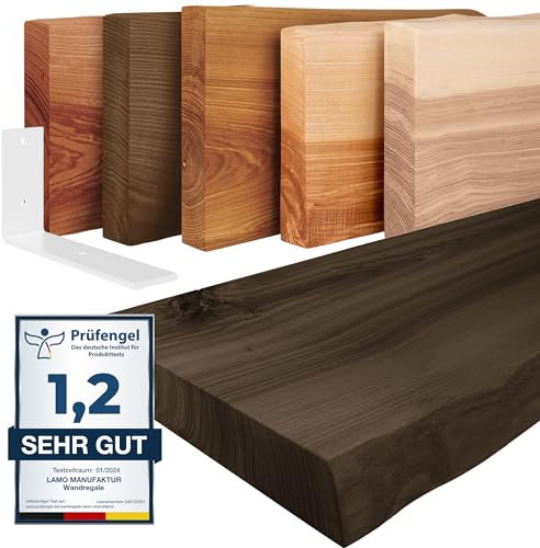 LAMO Manufaktur Wandregal Holz Baumkante | Regal Farbe: Schwarz | mit weißem Basic Regalträger | 80 cm