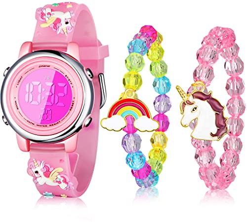 Yaomiao 3 Pcs Montre de Licorne et Bracelets de Licorne pour Enfants de 3 à 10 Ans Montre Lumineuse Numérique Étanche avec Chronomètre Alarme Cadeau de Fête des Enfants Pâques (Style Adorable)