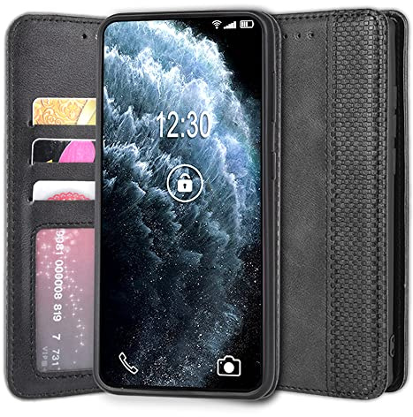 Sinyunron Handyhülle Kompatibel mit LG G8S ThinQ Hülle Leder Handytasche Schutzhülle Klappbar Magnetverschluss Retro Business Klassisches Design Brieftasche,Schwarz