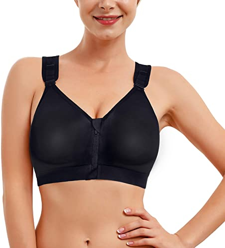 Bafully Damen Postoperativer Halt Sport BH Vorderverschluss Racerback Abnehmbar Gepolsterter BH(Schwarz, XL)