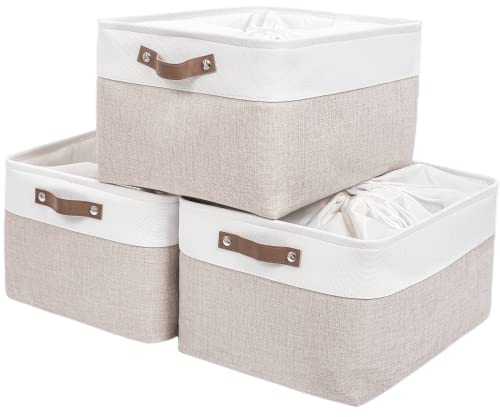 Mangata Aufbewahrungskorb, 3er Set Große Aufbewahrungsbox Stoff Box für Schrank, Decke und Kleidung(Helles Khaki/Weiß, XLarge)