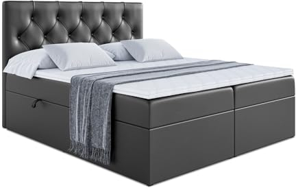 ALTDECOR Boxspringbett mit H3-Matratze (20 cm hoch) mit Bonellfederung, Kunstlederbett, Topper (4 cm hoch), Polsterbett mit Kopfteil und Bettkasten - Roman - 180x200 - Schwarz Kunstleder