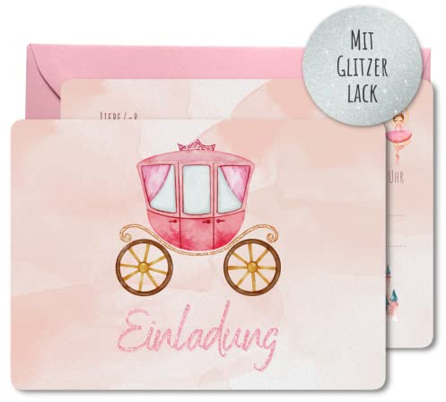 12x Glitzer EINLADUNGSKARTEN +Umschläge (rosa) für PARTY und KINDERGEBURTSTAG - die Karten im rosa Glitzer Prinzessin Design sind die EINLADUNG für Mädchen Kinder zum GEBURTSTAG und KINDERPARTY