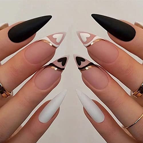 JUSTOTRY 24 Pcs Stiletto False Nails Short, Pink French Press on Nails with Swirl and Heart Pattern,Fake Nail Short, Almond Stick on Nail for Women, Nails Fake Nail for Nail Art