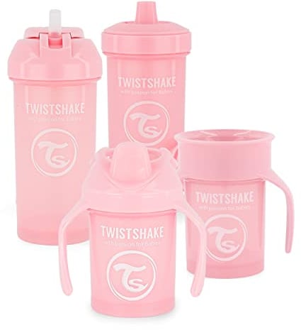 Twistshake Baby Sippy Cup Set - 4 Pieces | 1 x 360 Cup - 1 x Mini Cup - 1 x Straw Cup - 1 x Kid Cup | Baby Drinking Cup | Leak-Proof Baby Water Bottles | BPA-Free Leak-proof Cup | 4+ Months | Pink