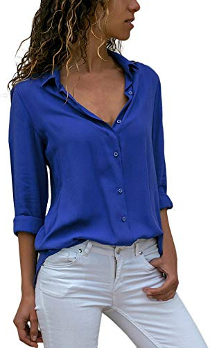 Bluse Damen Langarm Bluse Hemd Elegant Einfarbig Hemdbluse Chiffon Lose Oberteile V-Ausschnitt T-Shirt Tops Langarmshirts