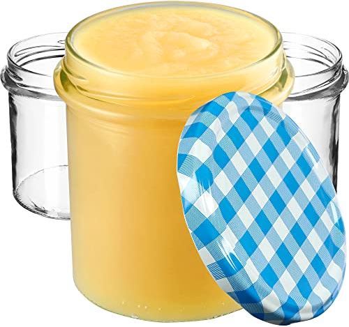 KADAX Lot de 100 pots à confiture 350 ml, avec couvercle à visser, pots à miel, pots de conservation pour champignons, confitures, miel (bleu à carreaux)