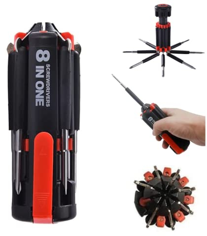 Worzwin 8 in 1 Screwdrivers with Worklight and Flashlight, Multifunctional Screwdriver for Home Kitchen Car, Portable General Professional Set,Without batteries Red