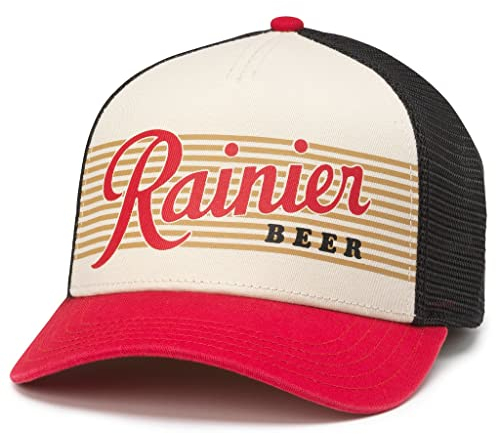AMERICAN NEEDLE Rainier Beer Baseballmütze, verstellbar, Snapback, Sinclair (Schwarz/Elfenbein/Rot), Einheitsgröße