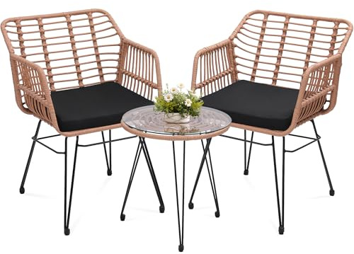KROFEM 3 Piece Wicker Patio Bistro Furniture Set, Includes 2 Rattan Chairs and Glass Top Table, Ideal for Porch, Outdoor, Backyard, Apartment, Balcony, Natural