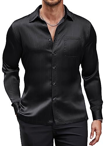 COOFANDY Men's Luxury Satin Dress Shirt Shiny Silk Long Sleeve Button Up Shirts Wedding Shirt Party Prom, Black, Large