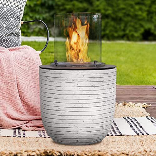 muenkel design Vagos – Streifen weiß-grau – Bio-Ethanol Feuerstelle Gartenfackel Terrassenfeuer mit Round Burner 300 Brennkammer