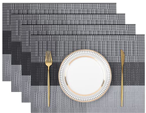 Madizz 4er Set leicht zu reinigen Platzsets für Esstisch Waschbar, hitzebeständig gewebter Vinyltischmatten Silber schwarz