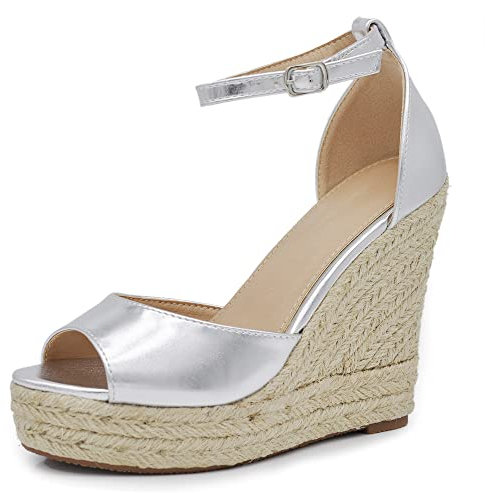 IF Scarpe Sandali Espadrillas da Donna con Platform Zeppa Corda Cinturino Fibbia X7M0096 argento N.40