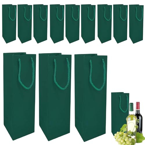 Kraft Paper Wine Bottle Bags with Strong Rope Handles,12 Pack Dark Green Bottle Bags for Wine,Whiskey,Champagne,Reusable Wine Tote Bag Single Wine Bottle Gift Bags for Christmas Wedding Birthday Party