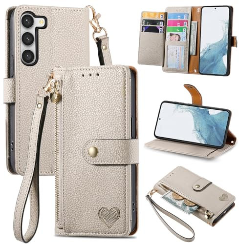 VEEMOS Handyhülle für Samsung Galaxy S23 5G Hülle Klappbar Klapphülle Schutzhülle mit Kartenfach RFID Reißverschluss Handy Tasche Leder Flip Case Cover Handytasche Frauen - Grau