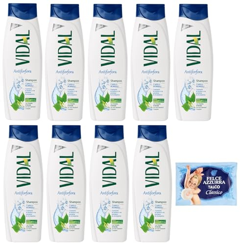 9er-Pack Vidal Shampoo Antiforfora Capelli Normali,Anti-Schuppen-Shampoo für normales Haar,250ml + 1er-Pack Kostenlos Felce Azzurra Talkumpuder, 100g-Beutel