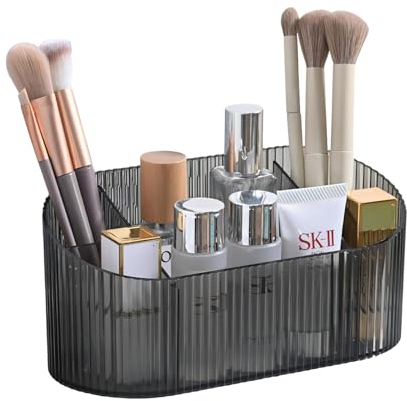DASITON Large Capacity Makeup Brush Organizer, 5 Slot Vintage Striped Make Up Brush Holder for Vanity, Bathroom Countertop, Desk Storage Container, Cosmetic Display Case (Grey)