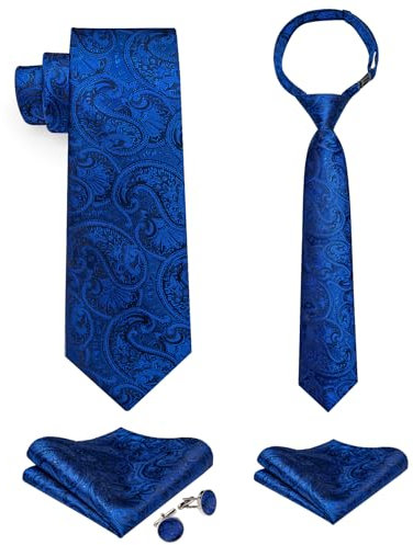 DiBanGu 2-teiliges Set für Vater und Sohn, Seidenkrawatte, verstellbare Jungenkrawatte und Einstecktuch, Manschettenknöpfe für Hochzeit, Party, Königsblaues Paisleymuster, Einheitsgröße