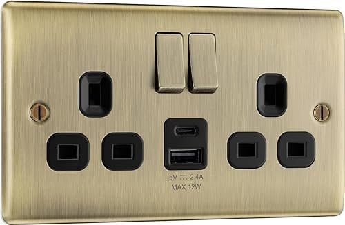BG Electrical Double Switched Power Wall Plug Socket with USB A and USB C Charging Ports, Nexus Metal, Antique Brass, 13A, 12W, NAB22UAC12B