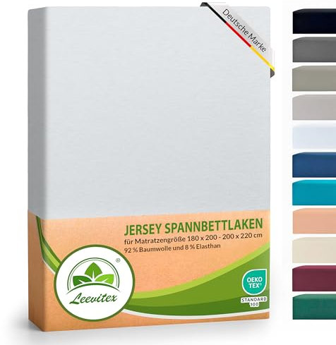 leevitex® Luxus Elasthan Jersey Spannbettlaken | 180x200 – 200x220 cm | Multistretch | 250 g/m² | 92% Mako-Baumwolle und 8% Elasthan | 40cm Steghöhe | außergewöhnlich hochwertige Ausführung | Weiß