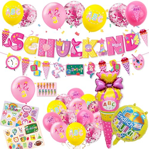 AN-WATTY Deko Einschulung Mädchen 2025, Einschulung Deko Mädchen, 2 Rote Meerjungfrauen und Einhorn-Girlande + 2 Große Folienballons + 22 Luftballons + 3 Kinderaufkleber