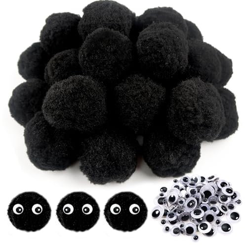 TOAOB 50 Stück Pompons zum Basteln Groß 5 cm Schwarz Pompom Flauschigen Plüsch Bälle Kunst Bommel mit Selbstklebend Wackelaugen für Dekorieren Verzieren Nähen DIY Lustige Kreativen Handwerk