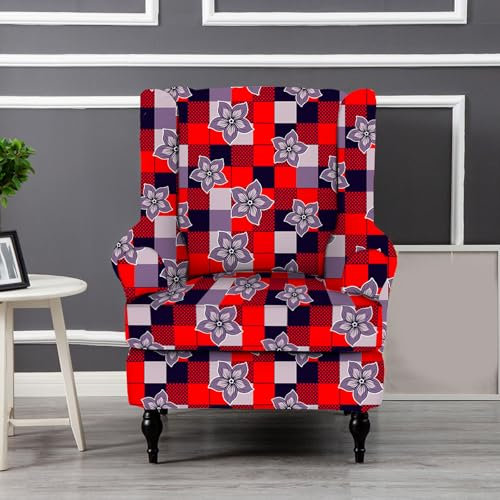 Hixingo 2-Teilig Ohrensessel Überzug, 3D-Druck Sesselbezüge Stretch Ohrensessel Bezug Abnehmbar und Waschbar für Wohnzimmer Schlafzimmer Hotel Sesselschoner (One Size,Rot kariert)