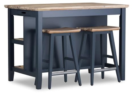 Statement Furniture Florence Breakfast Bar, Slatted Shelves, Hidden Tray, Chopping Board, Acacia Wood Top, Kitchen Island W126cm H91cm D78cm (navy blue)