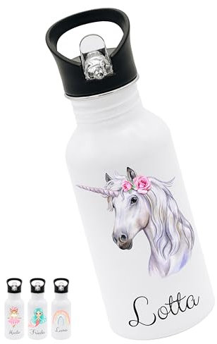 Bärenfreunde® - Personalisierte Trinkflasche Kinder Edelstahl [ 500ml ] - Robuste Trinkflasche mit Namen - Wasserflasche mit Trinkhalm - Personalisierte Geschenke für Kinder (Einhorn Kopf)