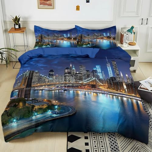 Generisch Bettwäsche 220x240 cm New York City Nachtansicht blau 3D-Druck Bettwäsche-Sets, Weich Mikrofaser Bettbezug 3-Teilig mit 2 Kissenbezüge 80x80 cm, Bettwäsche Set mit Reißverschluss