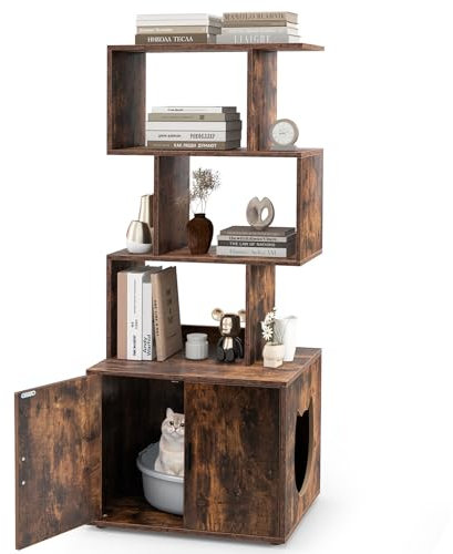 COSTWAY Cat Litter Box Enclosure, 2 in 1 Hidden Cats Washroom Furniture with 3 Storage Shelves, Side Entrance, Indoor Wooden Cat House Bookshelf (Rustic Brown)
