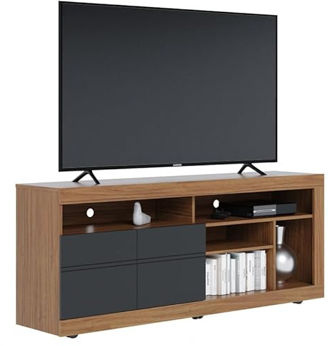 Meuble TV 65 Pouces Chêne et Anthracite 2 Portes 6 Niches roulettes L 160 H 68 P 37.4 cm