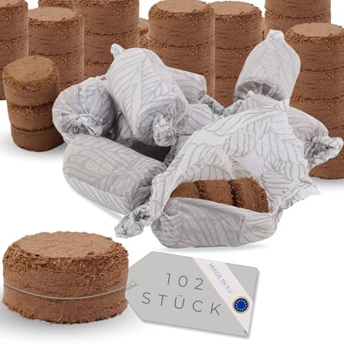 Anzuchterde 102 Stück Made in EU 50-75cc | Kokos Quelltabletten aus Kokos Schale versetzt mit wichtigen Nährstoffen | Kokos Quelltabletten | Anzuchterde für Samen | Quelltabletten Anzucht Anzucht Erde