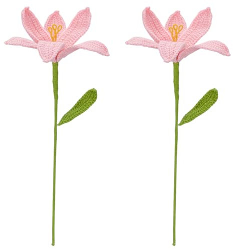 FINGERINSPIRE 2PCS Handmade Crochet Artificial Lily Flowers with Packaging Bags Pink Knitted Cotton Lily Flowers Bouquet with Iron Wire Crochet Flower for Home Wedding Decorations Gift Bouquets