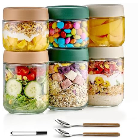 Gikisla 6 Pack Overnight Oats Containers with Lids, Large & Small Glass Mason Jars 16oz & 10 oz, Breakfast Oatmeal Container to Go, Yogurt Salad Meal Sauce Snacks Juice Jars for Food Storage