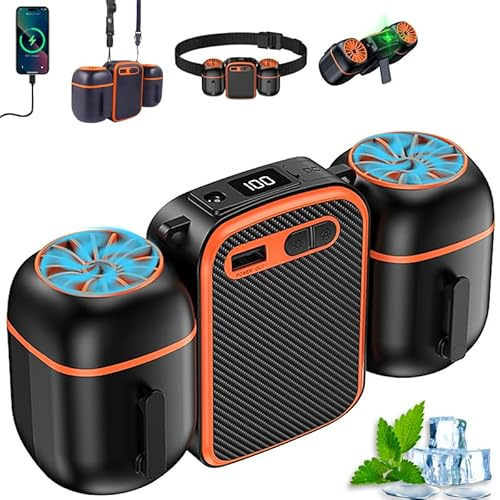 6-in-1 Taillen Clip Ventilator, Starke Dual Ventilatoren Eine Rapide Abkühlung um 16°C, Ventilator Akku 10000 mAh,3 Geschwindigkeiten, 6–22h Laufzeit USB Wiederaufladbar, mit Licht & Powerbank