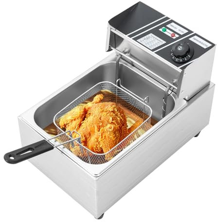 Freidora de aceite profesional, 6 L, 2500 W, con cesta de acero inoxidable, calentamiento rápido, con tapa, rango de temperatura: 60 – 200 °C, para patatas fritas de pollo y gambas