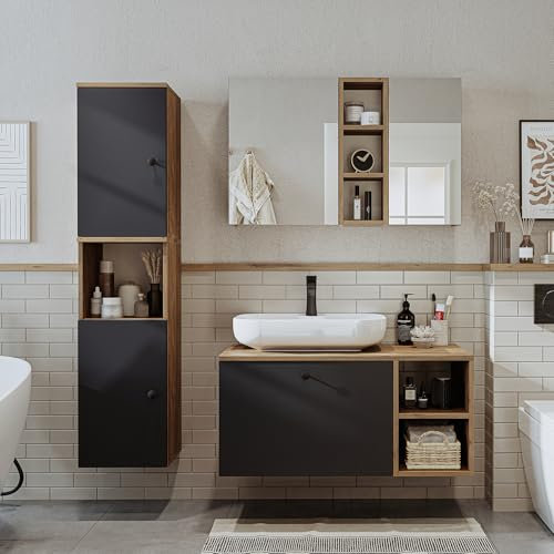 ROOMART Badezimmermöbel-Set Lotus II, 95 cm, 4-teilig – mit Keramik Waschbecken, Spiegelschrank, Unterschrank mit Seitenschrank – modernes Badmöbel Set (Anthrazit-Eiche, Komplett-Set)